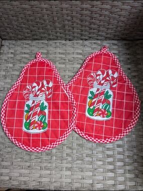 Vintage Christmas Candy Cane Mason Jar Pot Holders Set of 2